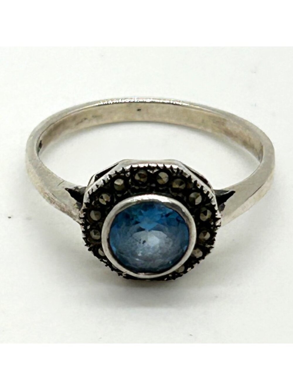 Vintage 925 Sterling Silver Blue Stone & Marcasite Halo Ring Size 6 - Picture 8 of 15